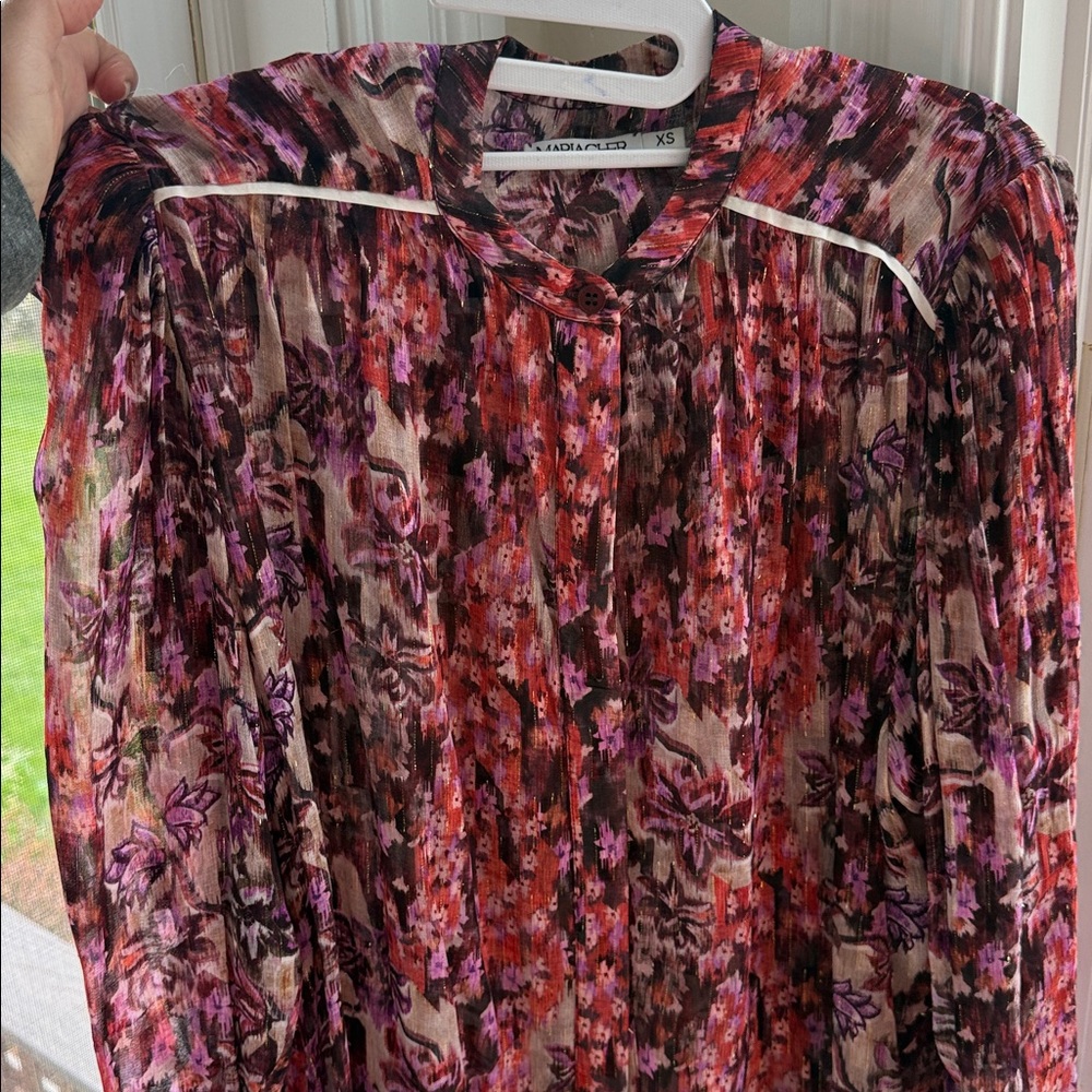 MARIACHER Printed button up Long-Sleeve Blouse in Plum and Cream